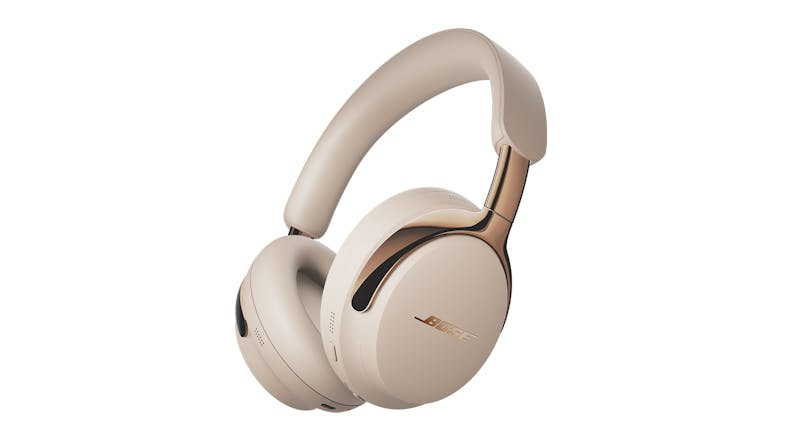 An angled left side view of the driftwood sand Bose wireless over-ear headphone An angled left side view of the driftwood sand Bose wireless over-ear headphone