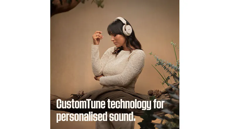 A person wearing a headphone with CustomTune technology text A person wearing a headphone with CustomTune technology text
