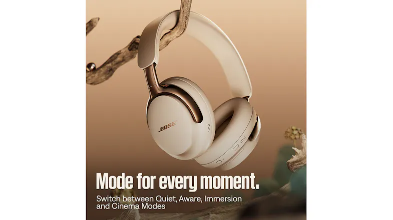 A person wearing wireless headphones with Modes for every moment text A person wearing wireless headphones with Modes for every moment text
