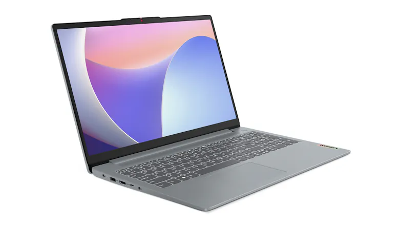 Angled right-side view of the Lenovo IdeaPad laptop showing gradient wallpaper Angled right-side view of the Lenovo IdeaPad laptop showing gradient wallpaper