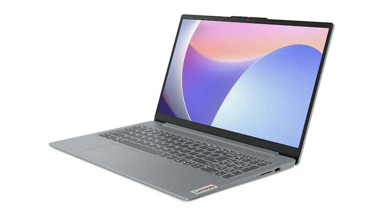 Angled left-side view of the Lenovo IdeaPad laptop showing an abstract display Angled left-side view of the Lenovo IdeaPad laptop showing an abstract display