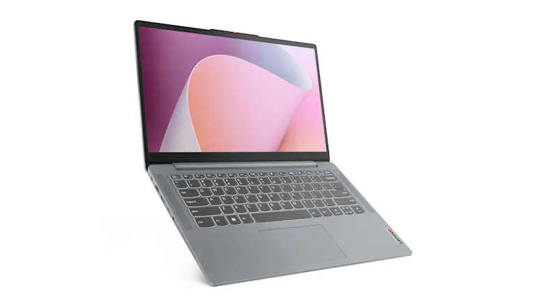 Right-side perspective of the fully extended open laptop showing abstract wallpaper Right-side perspective of the fully extended open laptop showing abstract wallpaper