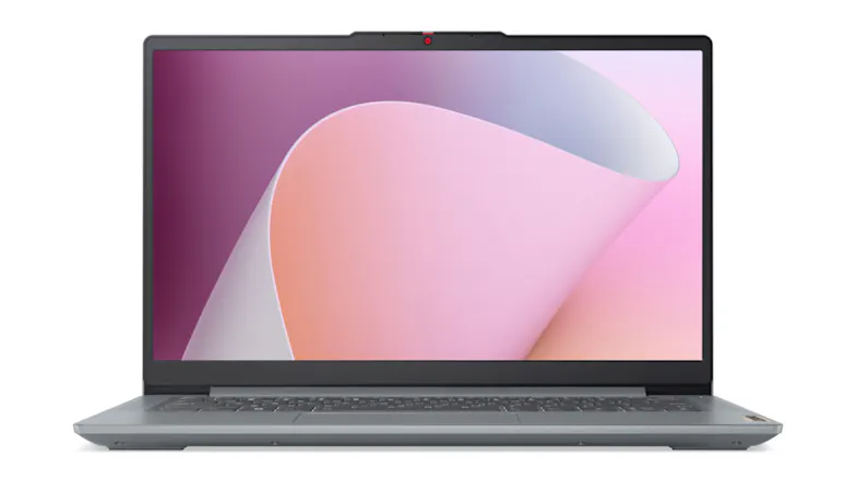Lenovo laptop with the display on, showing a red indicator light on the webcam Lenovo laptop with the display on, showing a red indicator light on the webcam