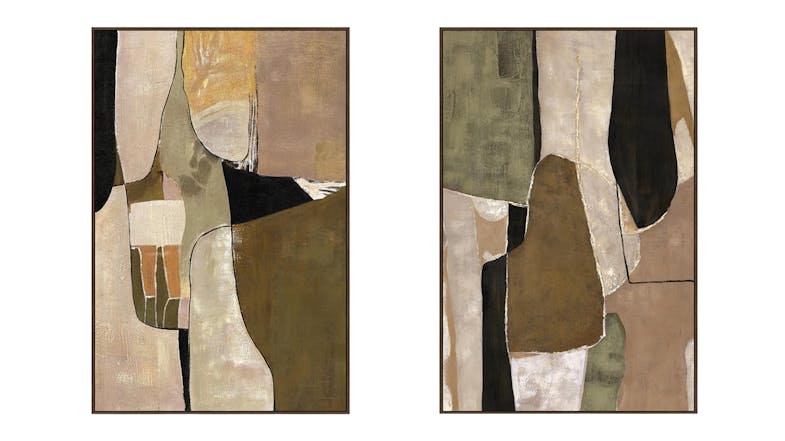 Two abstract artworks with textured blocks in earthy tones and geometric shapes. Two abstract artworks with textured blocks in earthy tones and geometric shapes.