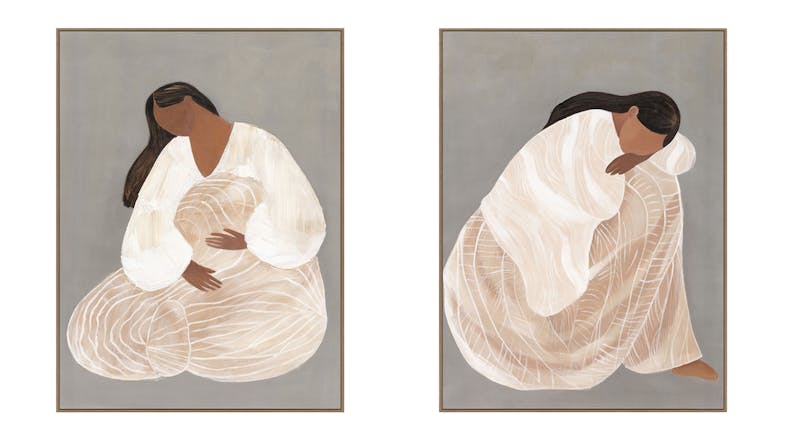 Two paintings of a person in neutral clothing seated in contemplative poses against a gray background, framed in thin brown frames. Two paintings of a person in neutral clothing seated in contemplative poses against a gray background, framed in thin brown frames.