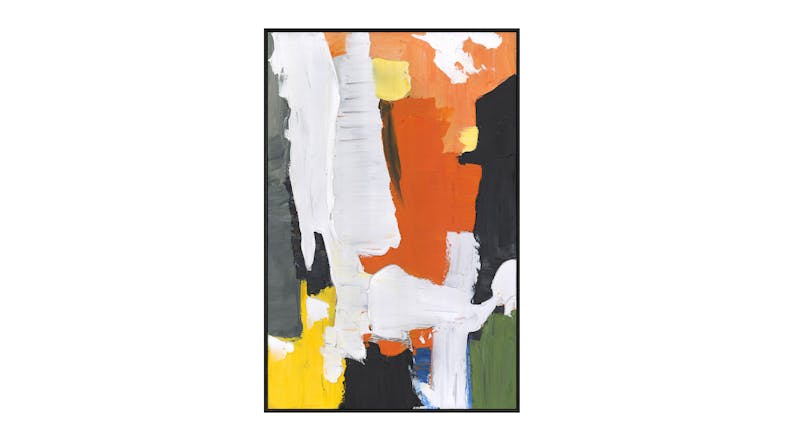 An abstract painting with bold, thick brushstrokes in colors such as orange, yellow, white, black, and green. An abstract painting with bold, thick brushstrokes in colors such as orange, yellow, white, black, and green.