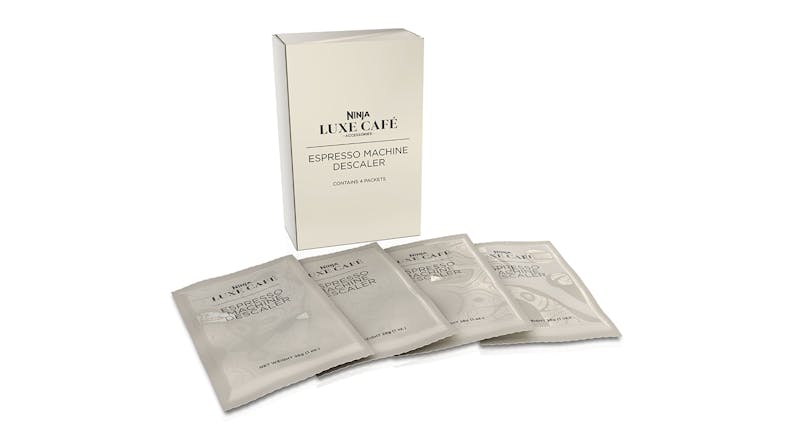 A box of Ninja Luxe Cafe Descaler with four packs laid below A box of Ninja Luxe Cafe Descaler with four packs laid below