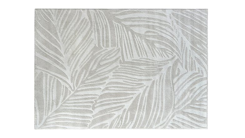 Rectangular rug featuring a light grey leaf design. Rectangular rug featuring a light grey leaf design.