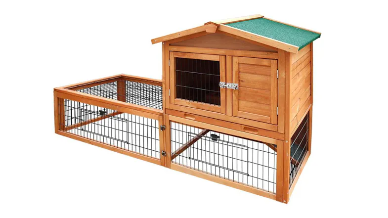 Tall wooden pet coop with green roof, enclosed run, and wire mesh for small animals Tall wooden pet coop with green roof, enclosed run, and wire mesh for small animals