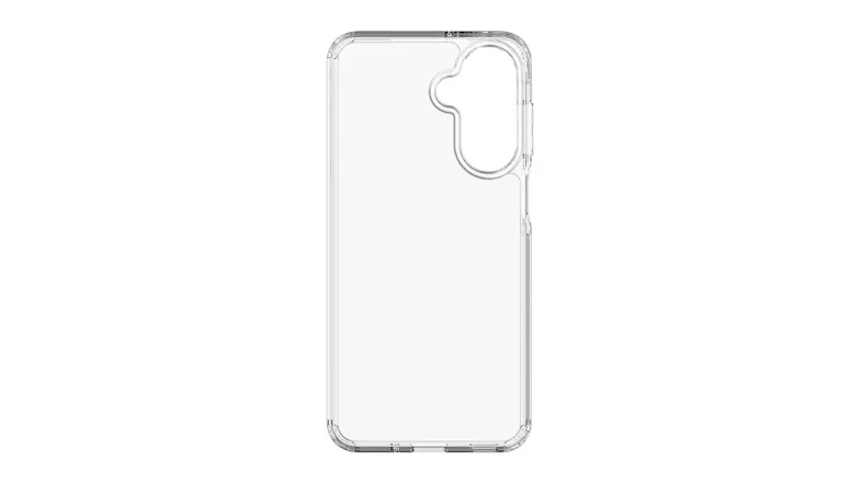 Front view of a transparent case with a distinctive camera cutout Front view of a transparent case with a distinctive camera cutout
