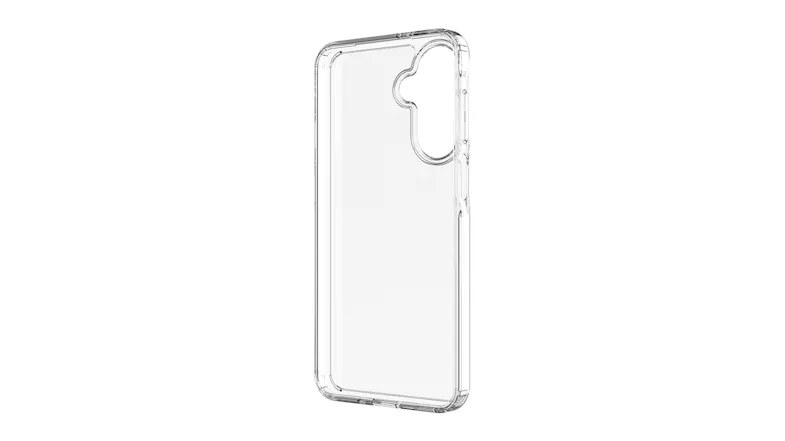Angled view of a clear phone case for Samsung A17, showcasing its sleek design Angled view of a clear phone case for Samsung A17, showcasing its sleek design