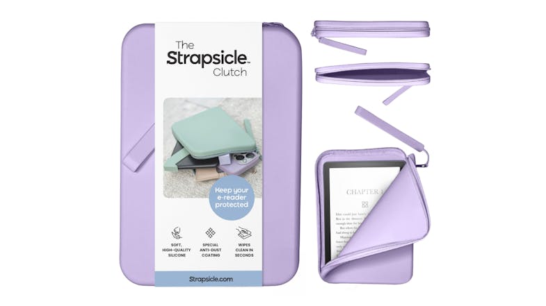 A black clutch e-reader case with a zipper, shown with packaging and features like anti-dust coating and easy cleaning A black clutch e-reader case with a zipper, shown with packaging and features like anti-dust coating and easy cleaning