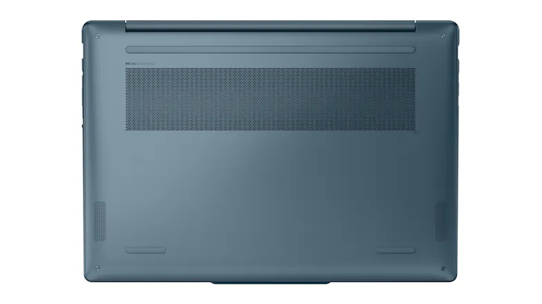 Underside view of the Yoga Slim laptop showing the vent grille and rubber feet Underside view of the Yoga Slim laptop showing the vent grille and rubber feet