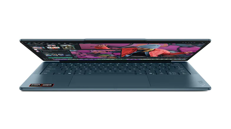 Front view of the partially opened Lenovo laptop with the display on Front view of the partially opened Lenovo laptop with the display on