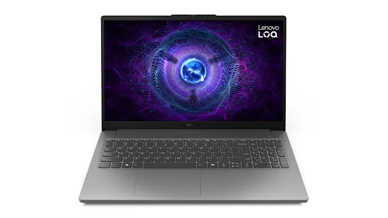 Front view of the opened Lenovo LOQ Essential laptop showing keyboard and touchpad Front view of the opened Lenovo LOQ Essential laptop showing keyboard and touchpad