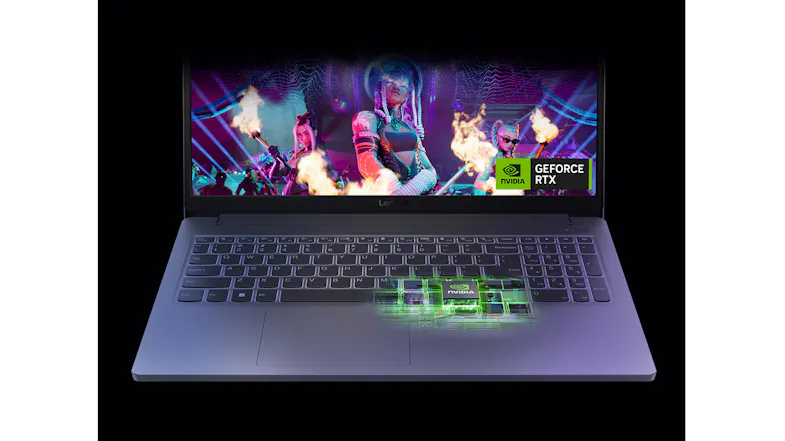 A Lenovo laptop with a cyberpunk game and an RTX chip overlay A Lenovo laptop with a cyberpunk game and an RTX chip overlay