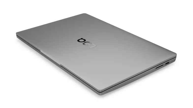 Angled view of the closed gaming laptop showing a logo and ports Angled view of the closed gaming laptop showing a logo and ports