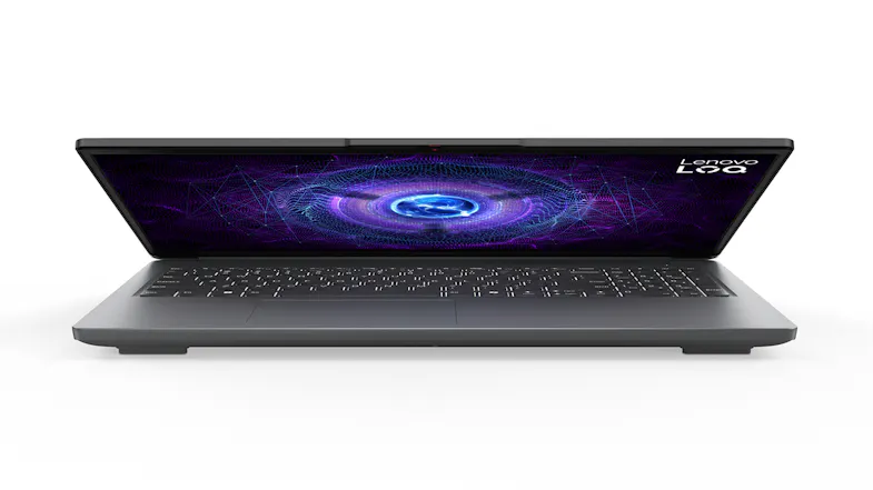 Front view of the partially opened Lenovo 15.6" laptop with the display on Front view of the partially opened Lenovo 15.6" laptop with the display on