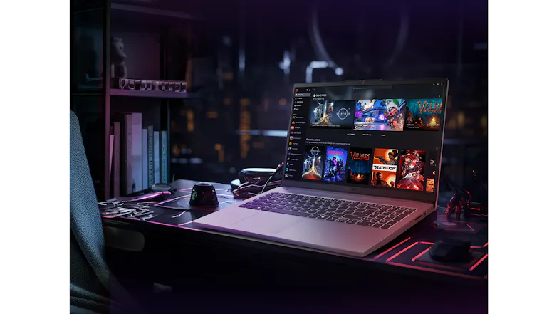 A gaming laptop with a platform interface and a neon-lit desk A gaming laptop with a platform interface and a neon-lit desk