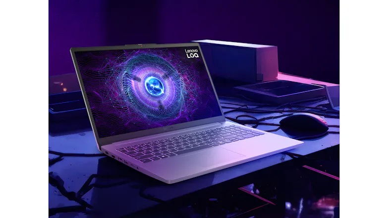 A Lenovo LOQ laptop with a glowing blue orb and tech graphic A Lenovo LOQ laptop with a glowing blue orb and tech graphic