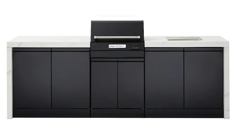 Modern outdoor kitchen, white benchtop with a built-in stainless steel electric grill and sink Modern outdoor kitchen, white benchtop with a built-in stainless steel electric grill and sink