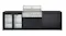 Modern outdoor kitchen, black benchtop with a built-in stainless steel gas grill, double fridge and ample cabinet storage Modern outdoor kitchen, black benchtop with a built-in stainless steel gas grill, double fridge and ample cabinet storage