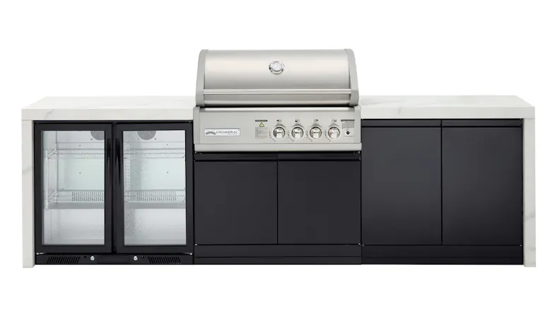 Modern outdoor kitchen, white benchtop with a built-in stainless steel gas grill, double fridge and ample cabinet storage Modern outdoor kitchen, white benchtop with a built-in stainless steel gas grill, double fridge and ample cabinet storage