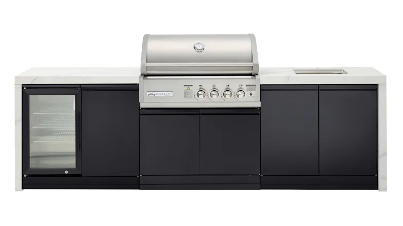 Modern outdoor kitchen, white benchtop with a built-in stainless steel gas grill, single fridge, sink and ample cabinet storage Modern outdoor kitchen, white benchtop with a built-in stainless steel gas grill, single fridge, sink and ample cabinet storage