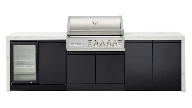 Modern outdoor kitchen, white benchtop with a built-in stainless steel gas grill, single fridge, and ample cabinet storage Modern outdoor kitchen, white benchtop with a built-in stainless steel gas grill, single fridge, and ample cabinet storage