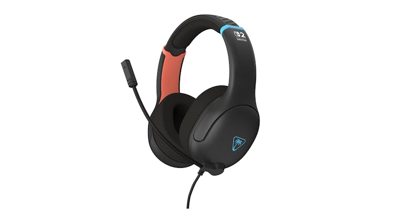 Black Turtle Beach headset with orange headband accent and flexible boom microphone Black Turtle Beach headset with orange headband accent and flexible boom microphone