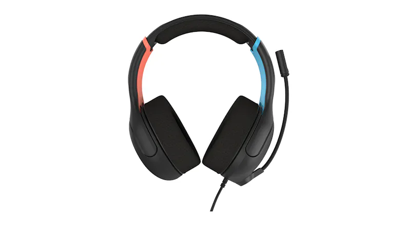 A view of a black gaming headset with blue and orange accents and an attached mic A view of a black gaming headset with blue and orange accents and an attached mic
