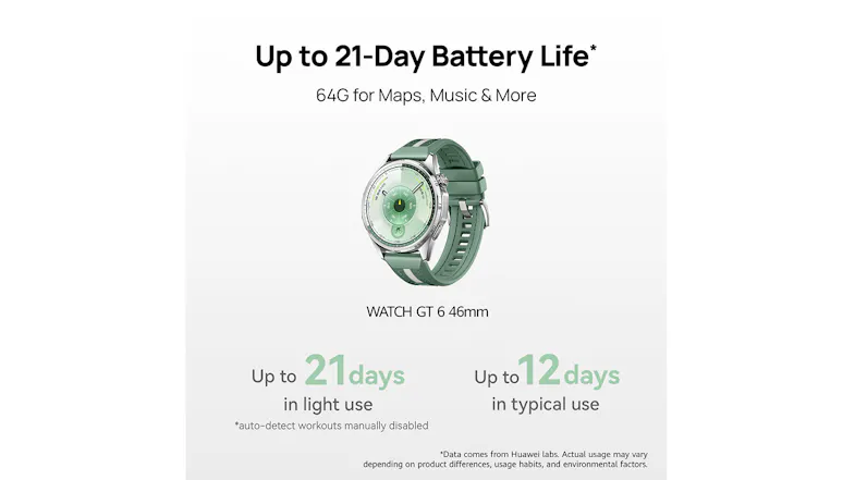 Feature graphic for WATCH GT 6 46mm highlighting up to 21-day battery life Feature graphic for WATCH GT 6 46mm highlighting up to 21-day battery life