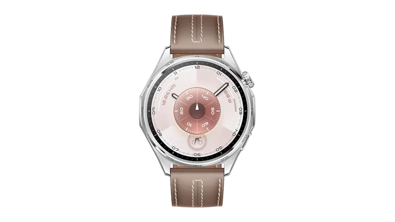 Front view of the circular smartwatch with a light brown strap and rose-gold toned watch face Front view of the circular smartwatch with a light brown strap and rose-gold toned watch face