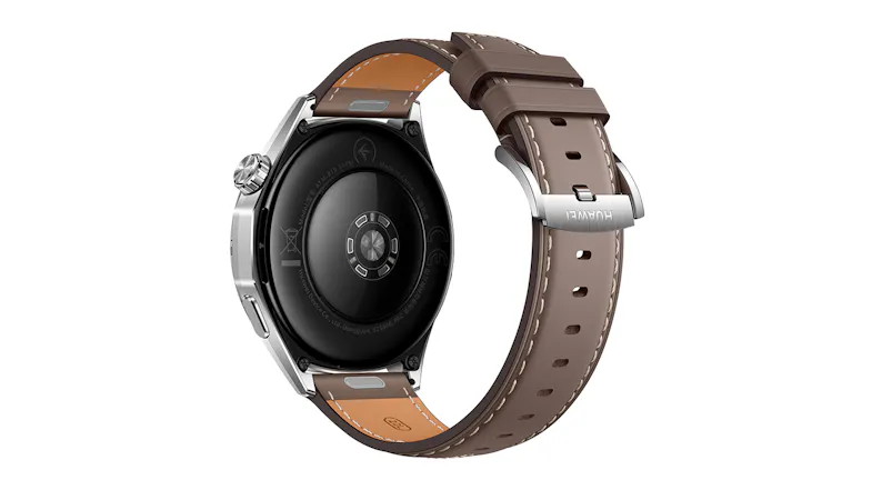 Back view of the circular smartwatch showing the sensors and the silver buckle on the brown strap Back view of the circular smartwatch showing the sensors and the silver buckle on the brown strap