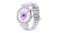 Angled view of a smartwatch with a white sport strap and purple-themed face. Angled view of a smartwatch with a white sport strap and purple-themed face.
