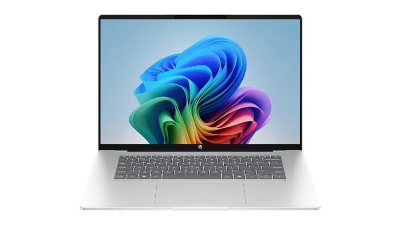 Front view of the silver HP OmniBook 5 16" laptop showing a multicoloured screen Front view of the silver HP OmniBook 5 16" laptop showing a multicoloured screen