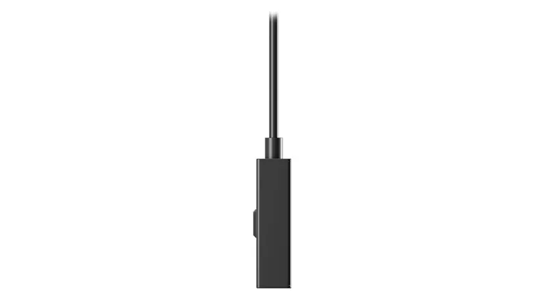 A USB-C hub with a cable and a protruding side port section A USB-C hub with a cable and a protruding side port section