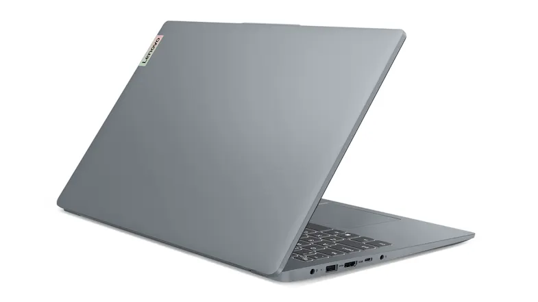 Right-side rear view of the partially open Lenovo 15.6" laptop showing keyboard and ports Right-side rear view of the partially open Lenovo 15.6" laptop showing keyboard and ports