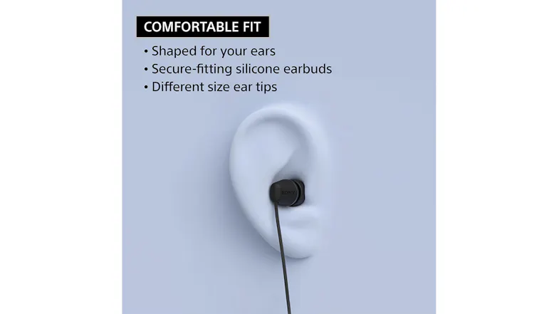 An earbud in the ear with text about fit and tip sizes An earbud in the ear with text about fit and tip sizes