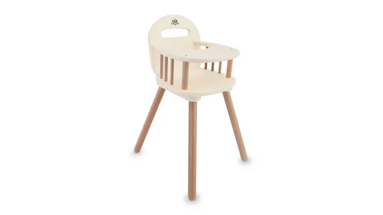 Side-angled view of a wooden doll high chair Side-angled view of a wooden doll high chair
