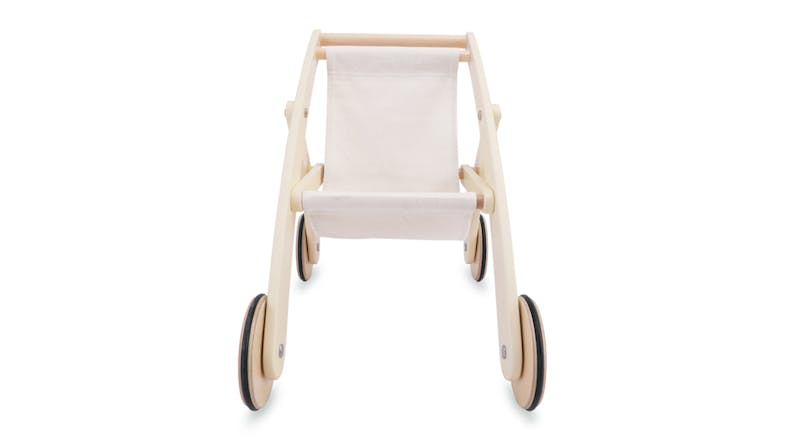Front view of a wooden doll stroller with a white cotton seat and four rubber-rimmed wheels Front view of a wooden doll stroller with a white cotton seat and four rubber-rimmed wheels