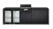 Modern outdoor kitchen, black benchtop with a built-in stainless steel electric grill and double fridge Modern outdoor kitchen, black benchtop with a built-in stainless steel electric grill and double fridge