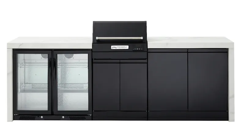 Modern outdoor kitchen, white benchtop with a built-in stainless steel electric grill and double fridge Modern outdoor kitchen, white benchtop with a built-in stainless steel electric grill and double fridge