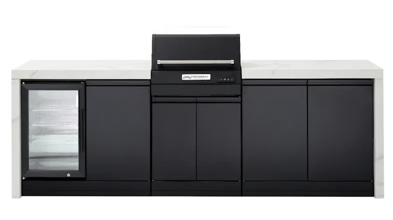 Modern outdoor kitchen, white benchtop with a built-in stainless steel electric grill and single fridge Modern outdoor kitchen, white benchtop with a built-in stainless steel electric grill and single fridge