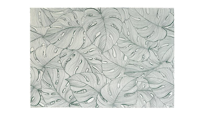 Emilia Monstera Outdoor Rug. Overlapping tropical green leaves with fine line details on ivory background, creating a layered green botanical pattern. Emilia Monstera Outdoor Rug. Overlapping tropical green leaves with fine line details on ivory background, creating a layered green botanical pattern.
