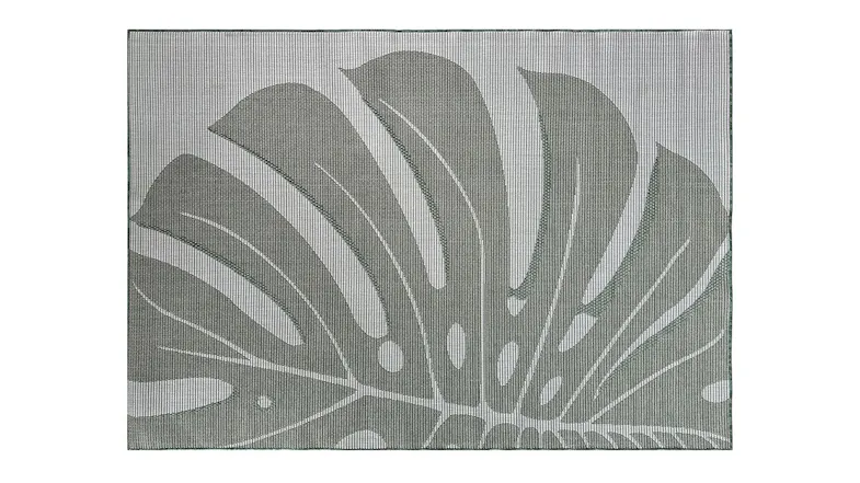 Porto Tropica Outdoor Rug. Large tropical single leaf design with bold curved segments, set against a fine line background. Porto Tropica Outdoor Rug. Large tropical single leaf design with bold curved segments, set against a fine line background.