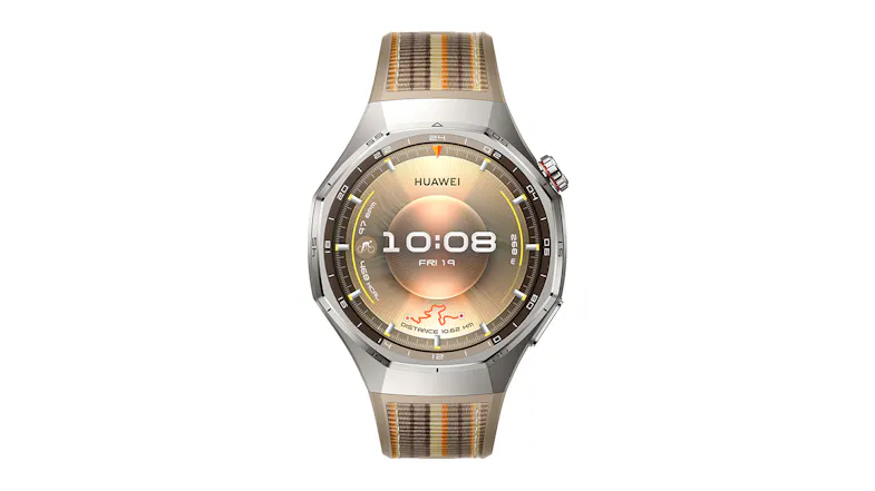 Front view of the circular smartwatch face with a digital time, date, and activity stats Front view of the circular smartwatch face with a digital time, date, and activity stats