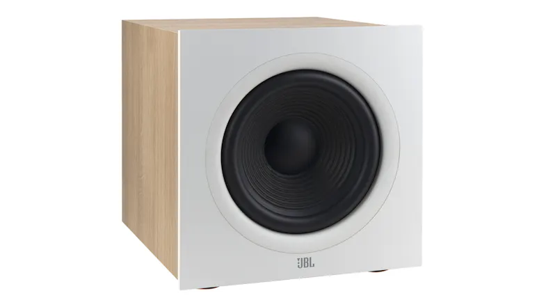 Front right side view of the JBL Subwoofer with no grille, showing the brand logo Front right side view of the JBL Subwoofer with no grille, showing the brand logo