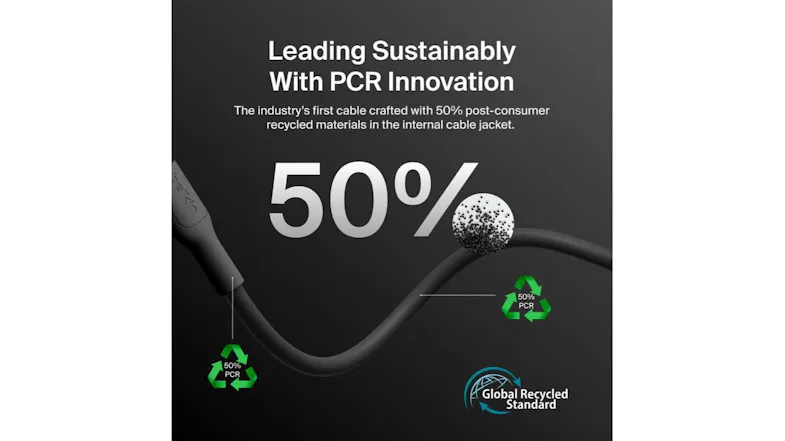Promotional image highlights a sustainable cable made with 50% post-consumer recycled materials Promotional image highlights a sustainable cable made with 50% post-consumer recycled materials