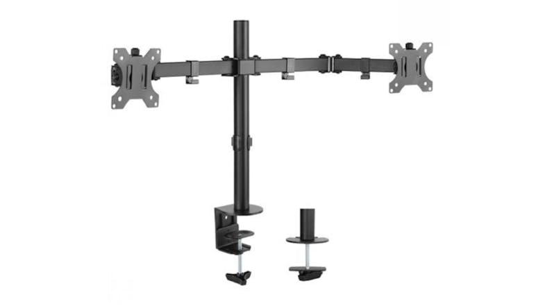 A Dual Screen Double Joint Monitor Arms with clamp and grommet mount options A Dual Screen Double Joint Monitor Arms with clamp and grommet mount options